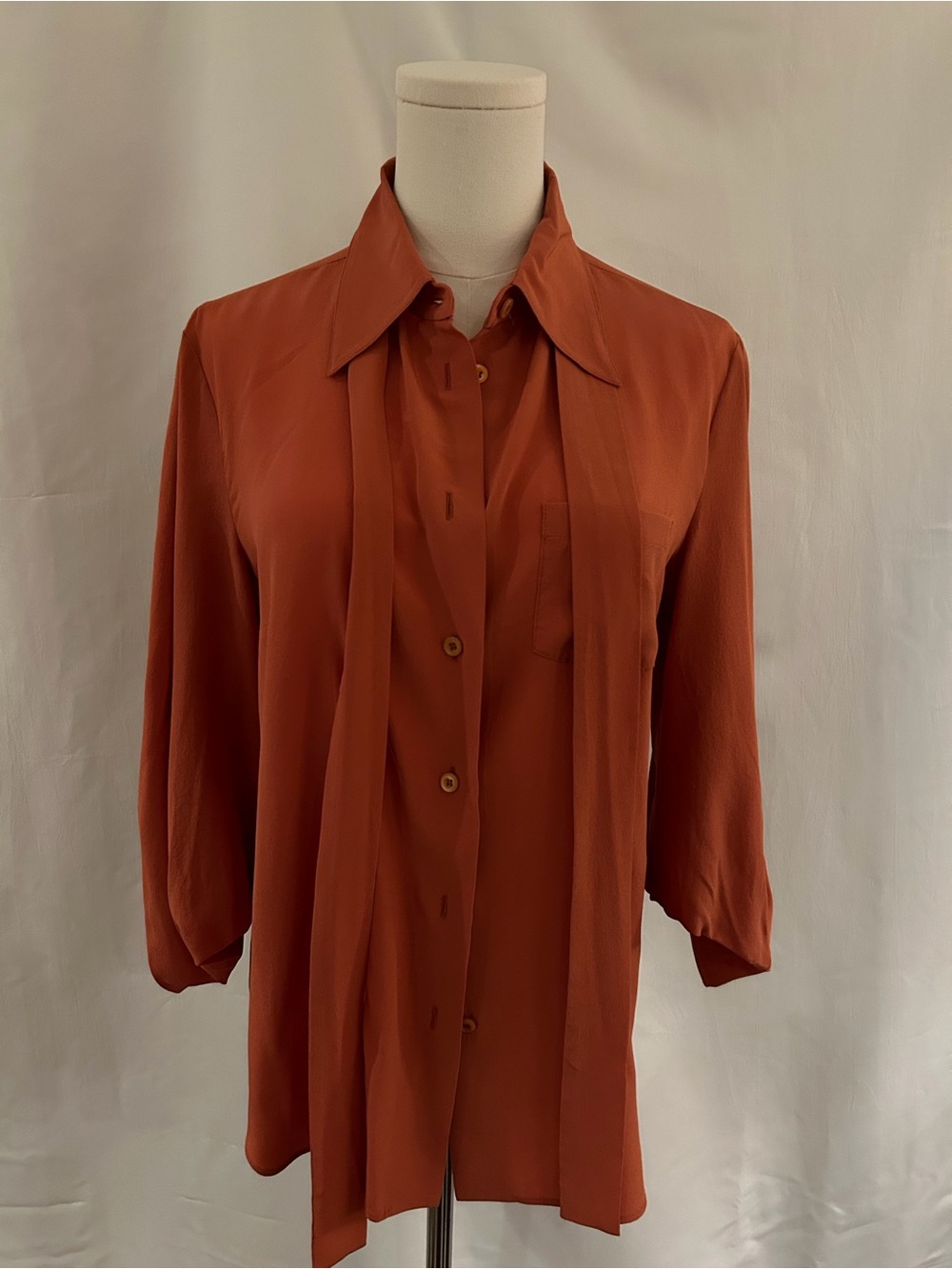 Prada Rust Button-Front Tie-Neck Blouse